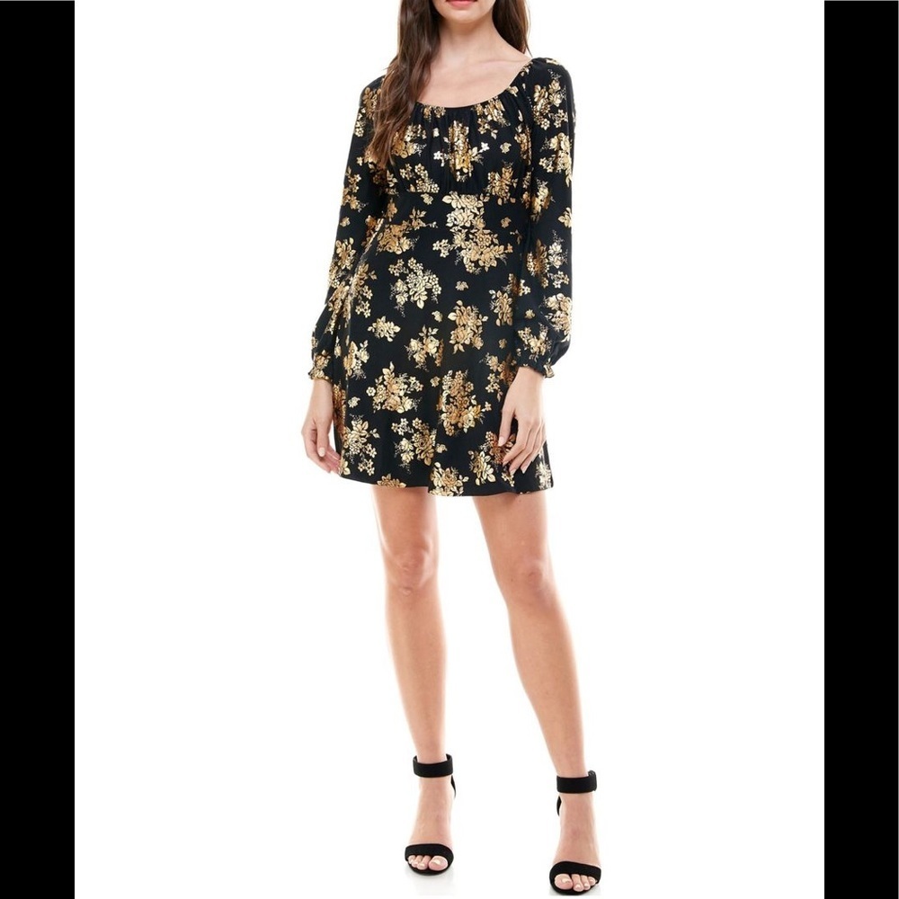 PLANET GOLD Black & Gold Floral Long Sleeve Dress